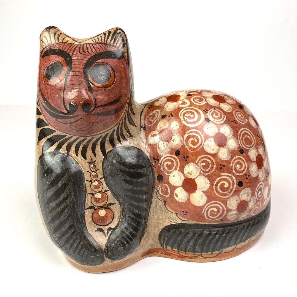 Cat Statue Ceramic Folk Art Unmarked Painted Floral 7" Tall Vintage Collectible